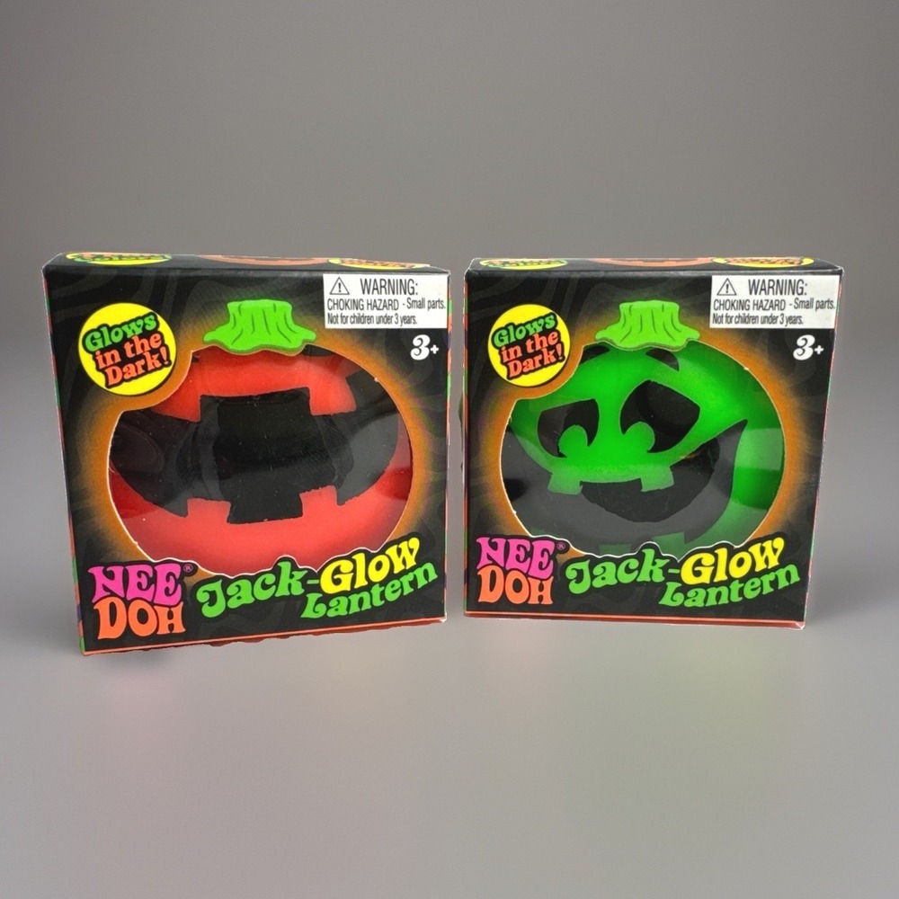 RARE Needoh Glow in the Dark Jack-O'-Lantern Squeeze Ball 2-Pack Green & Orange